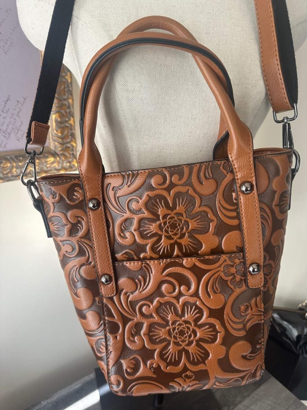 Vintage Style Tooled Leather Look Brown Floral Tote Crossbody Bag